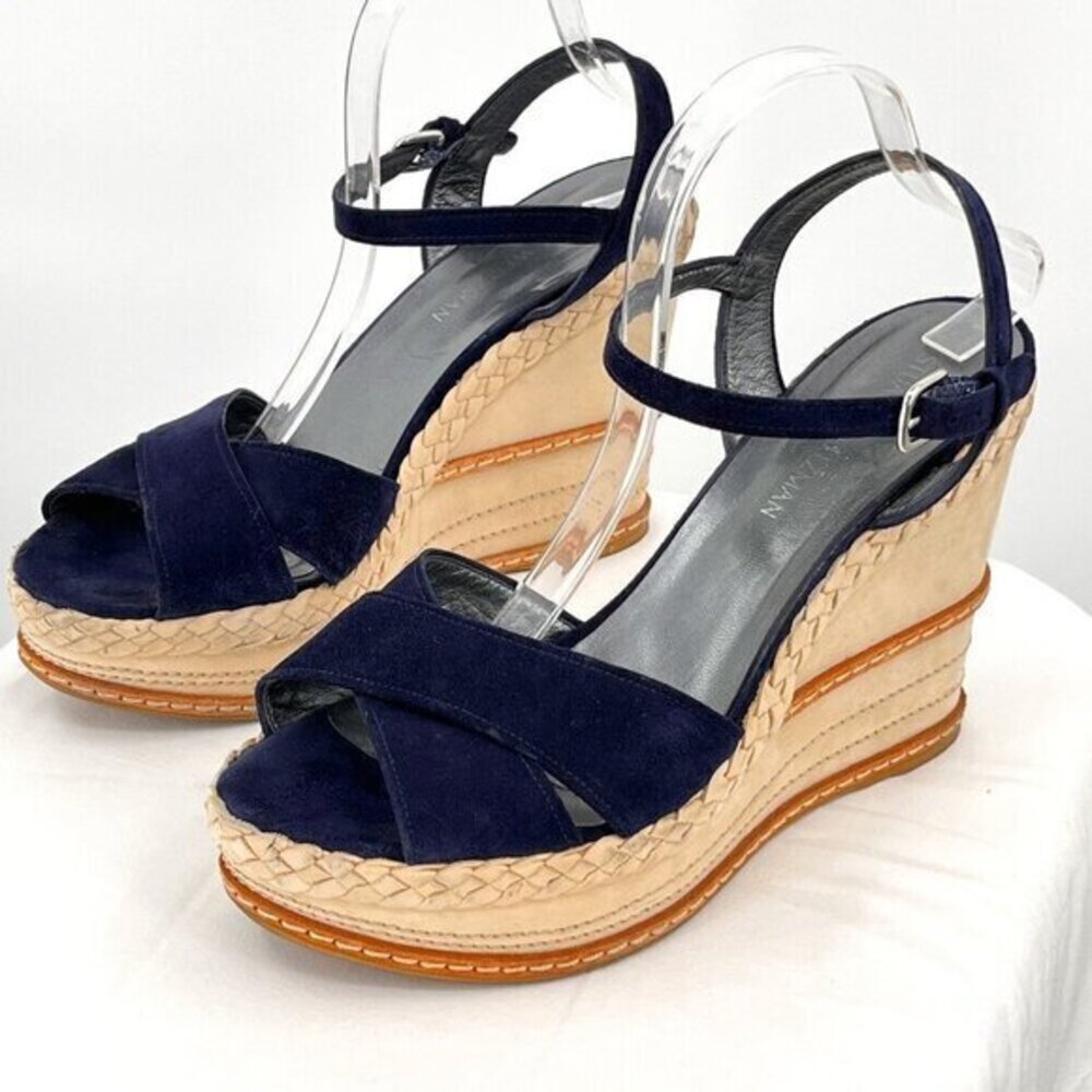 Stuart Weitzman Wedge Heeled Sandals Suede Navy Blue/Ivory 11.5 Ankle Strap Open